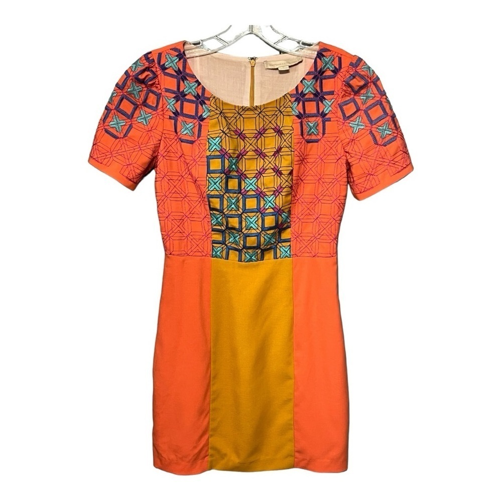 Champagne & Strawberry V-Neck Mini Dress, Short Sleeve, Mod Style, Embroidered S